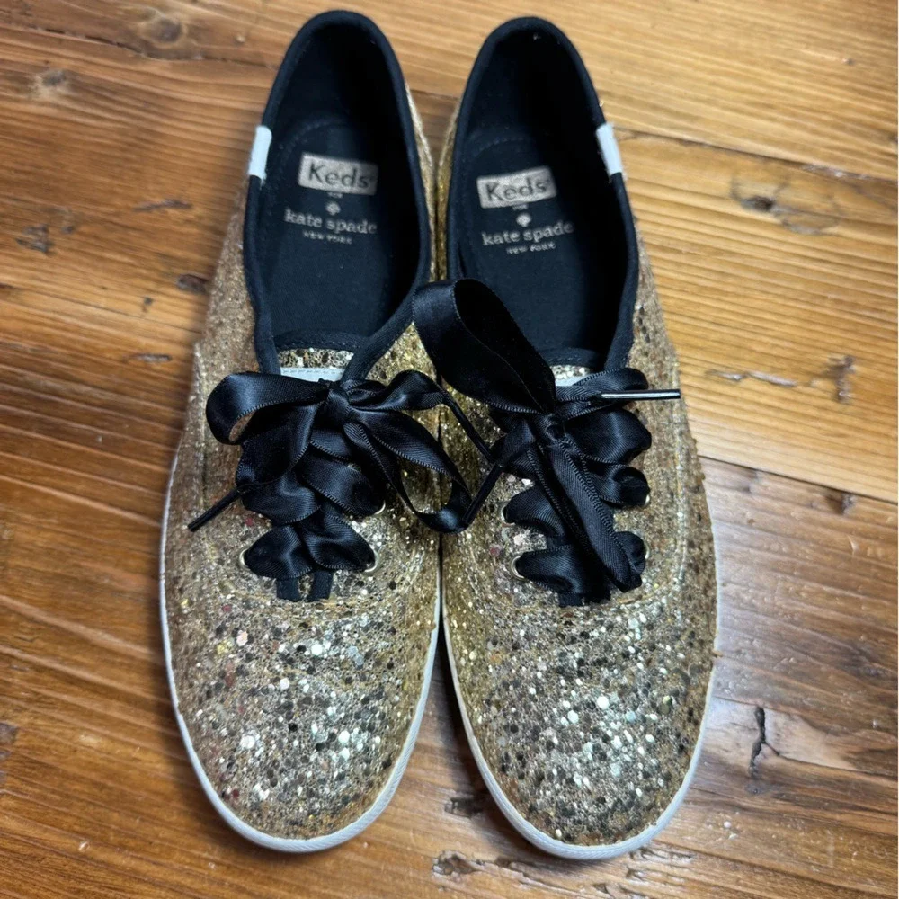 Keds X Kate Spade New York Women Gold Glitter Lace-Up Sneakers Black Lace Size 8
